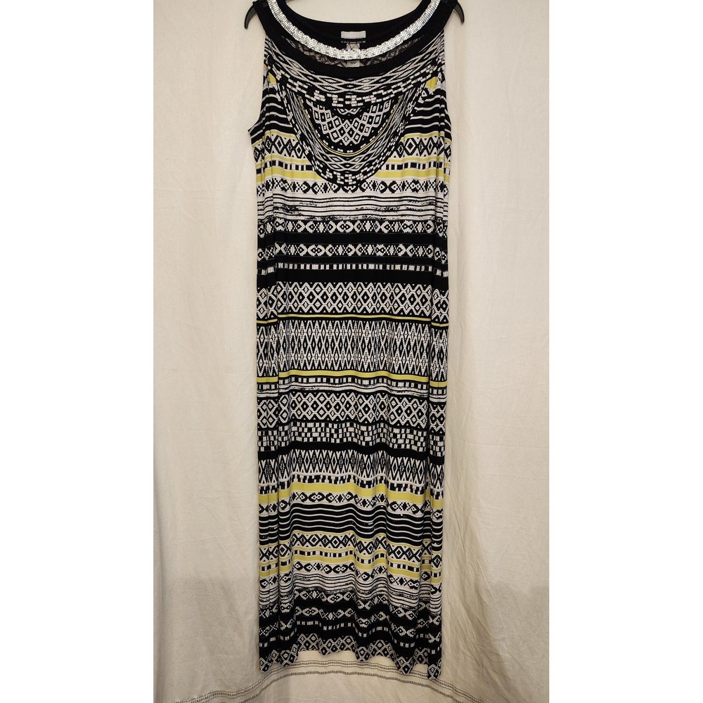 Catherines Maxi Dress Womens 0X XL Black White Yellow Sleeveless Tribal‎ Beaded